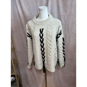 Retrod Ivory Chunky Knit Whipstitch Lace Up Pointelle Sweater Womens Medium